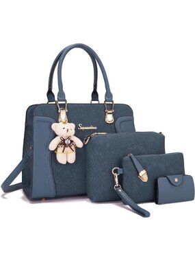 Women's Dark Blue4Pc Handbag Set Tote Shoulder Satchel Purse with Bear Charm